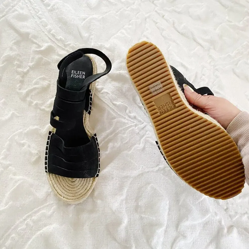 Eileen Fisher Largo Black Leather Jute Espadrille Wedge Sandal Heel Shoe…